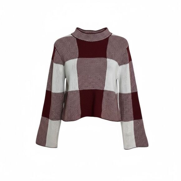 SHEIN Checkered Mock Neck Cropped Pullover Sweater Burgundy White Medium - Picture 1 of 10